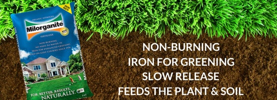 Milorganite 36lb Bag in dirt and grass. Use Milorganite to fertilize your lawn, this guide will help you with application rates and schedule.