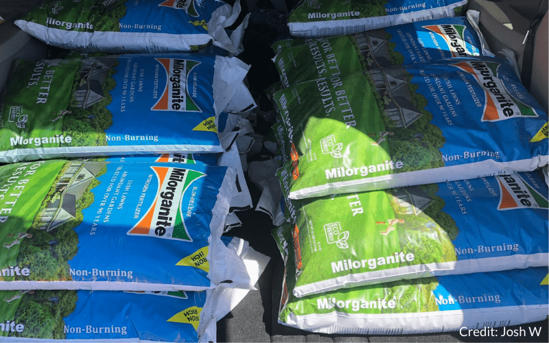 Milorganite fertilizer bags stacked