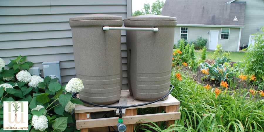 Two rain barrels against a house