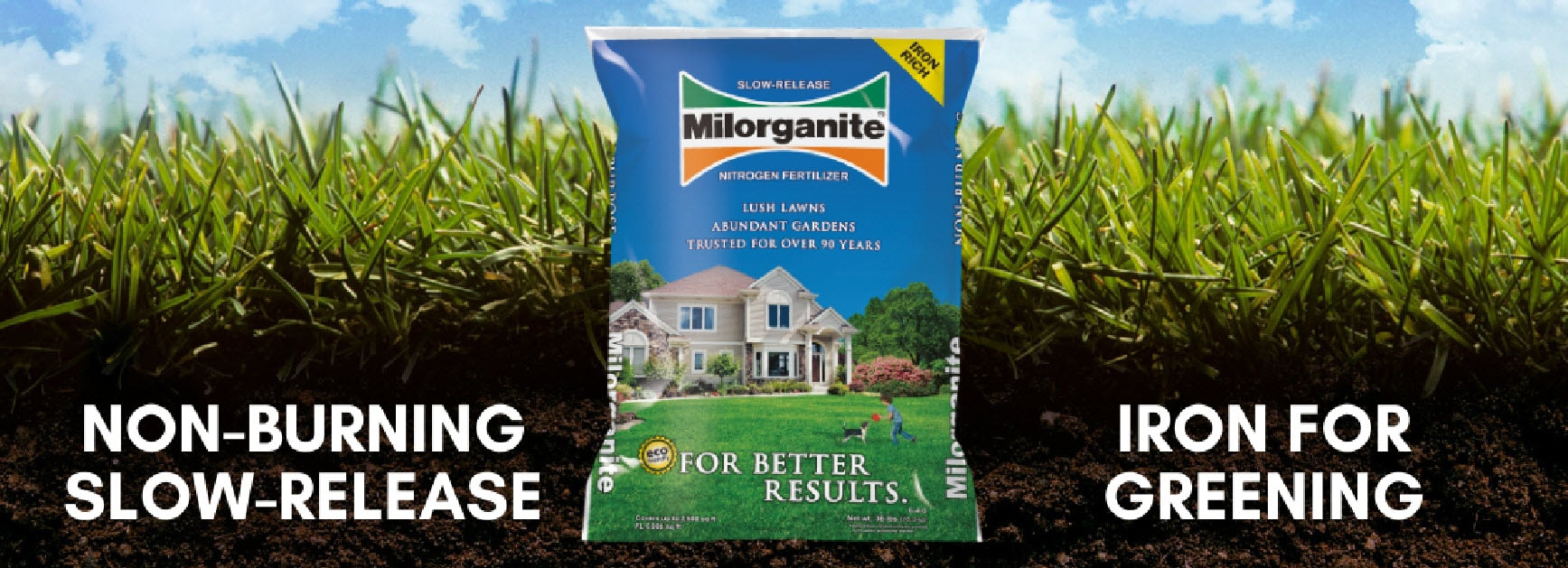 Milorganite 36lb Bag in dirt and grass. Use Milorganite to fertilize your lawn, this guide will help you with application rates and schedule.