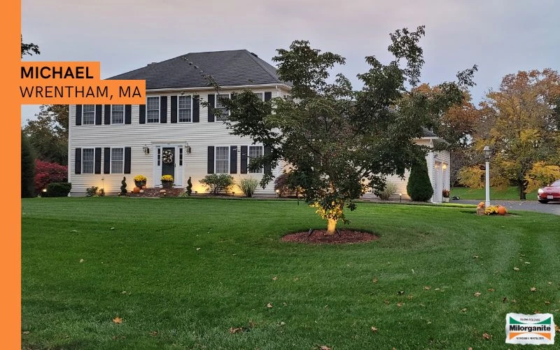 Bright green lawn fertilized with Milorganite in Massachusetts. 