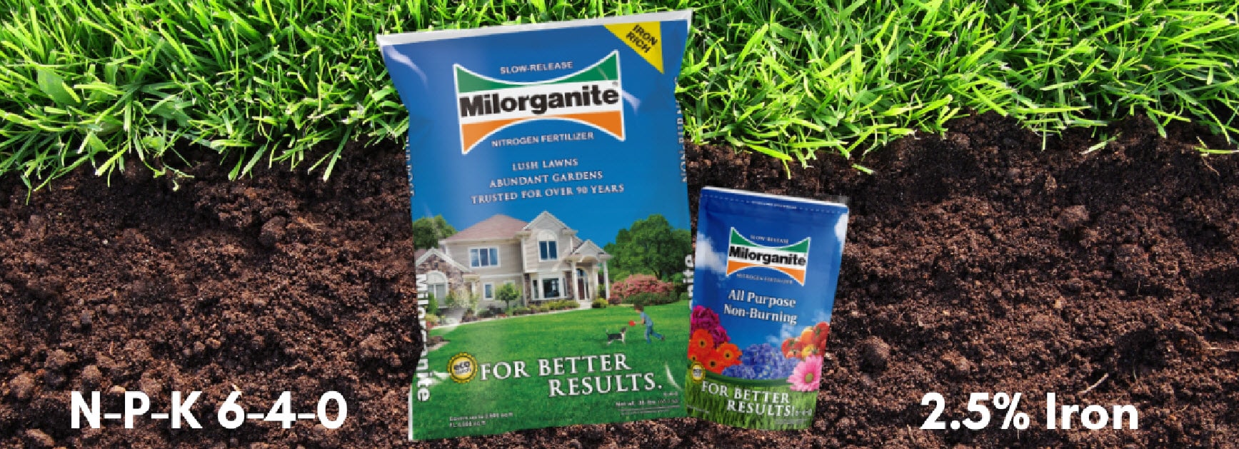 Milorganite Bags in soil and grass. Milorganite fertilizer bag in soil and grass
