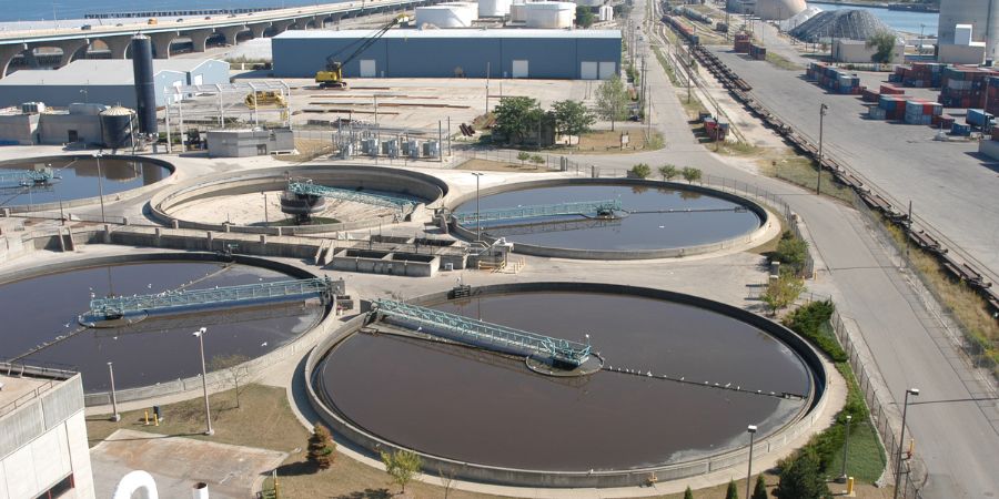 aerial view of primary clarifiers at Jones Island