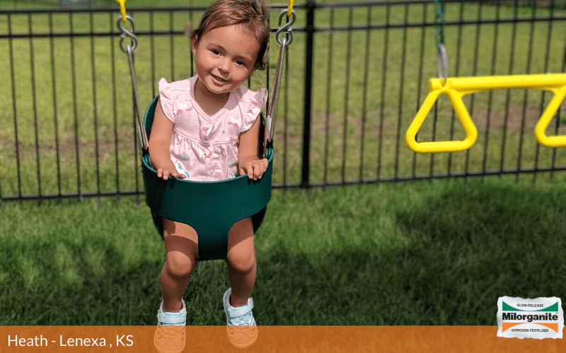 Colorful flower plant Child swinging in healthy and green lawn after using Milorganite fertilizer.