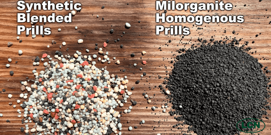 comparison image of Milorganite prills vs a common synthethic brand