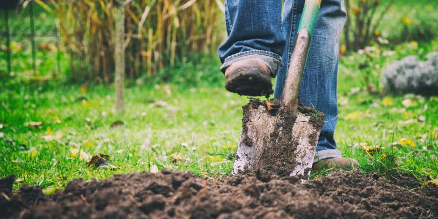 Digging up grass with a shovel