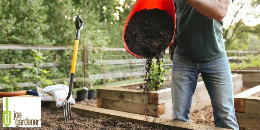 man pouring compost into raised bed garden