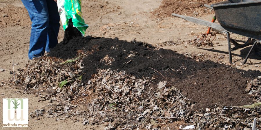 pouring topsoil on compost for lasagna garden