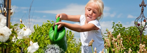 Girl watering garden A girl watering aflower garden. Proper watering is very important in June.